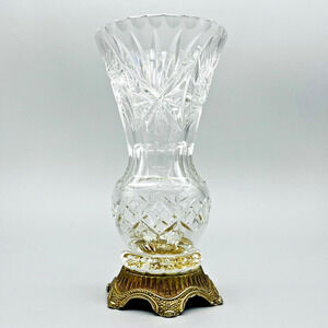 Trumpet Vase Pinwheel Starburst Cut Crystal Ornate Metal Base French Country VTG